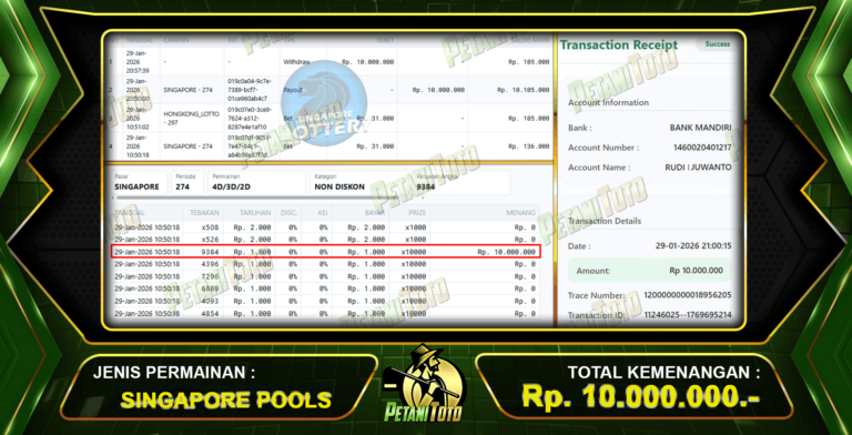 KEMENANGAN SINGAPORE POOLS PETANITOTO